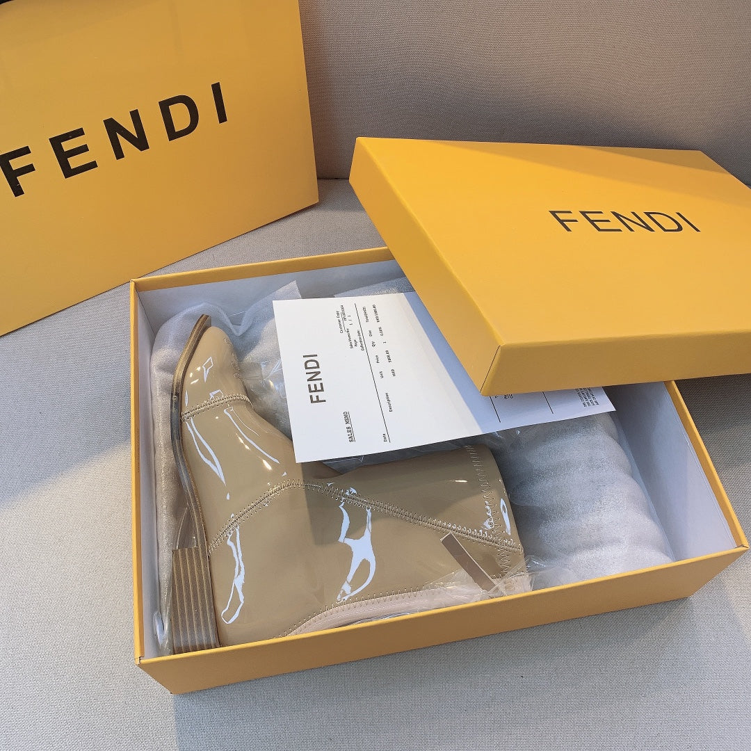 FENDI BUCKLE BOOTS SQUARE HEEL LIGHT BROWN