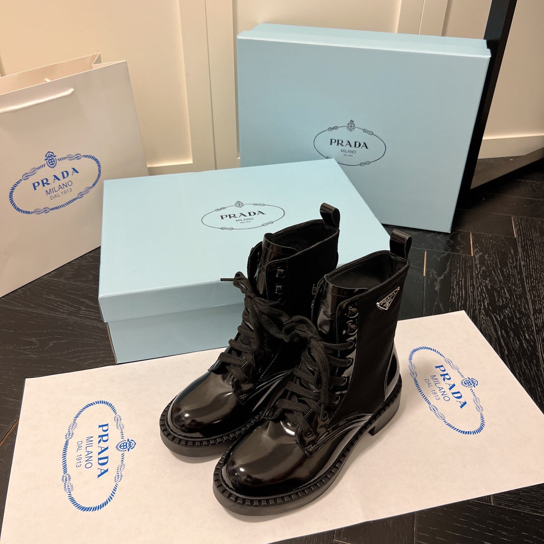 PRADA BRUSHED-LEATHER AND RE-NYLON BOOTS SHINY BLACK