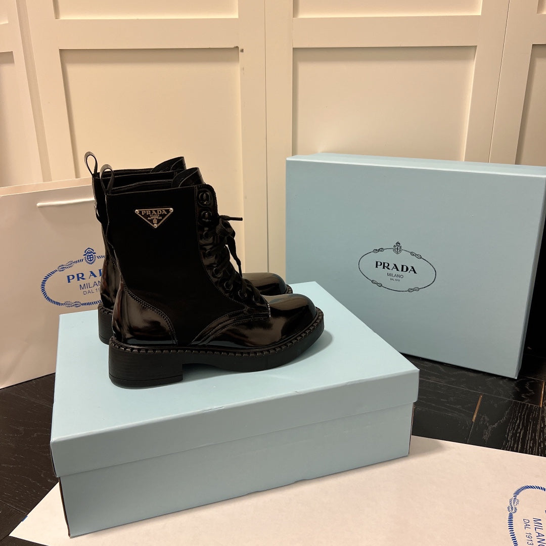 PRADA BRUSHED-LEATHER AND RE-NYLON BOOTS SHINY BLACK