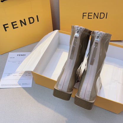 FENDI BUCKLE BOOTS SQUARE HEEL LIGHT BROWN