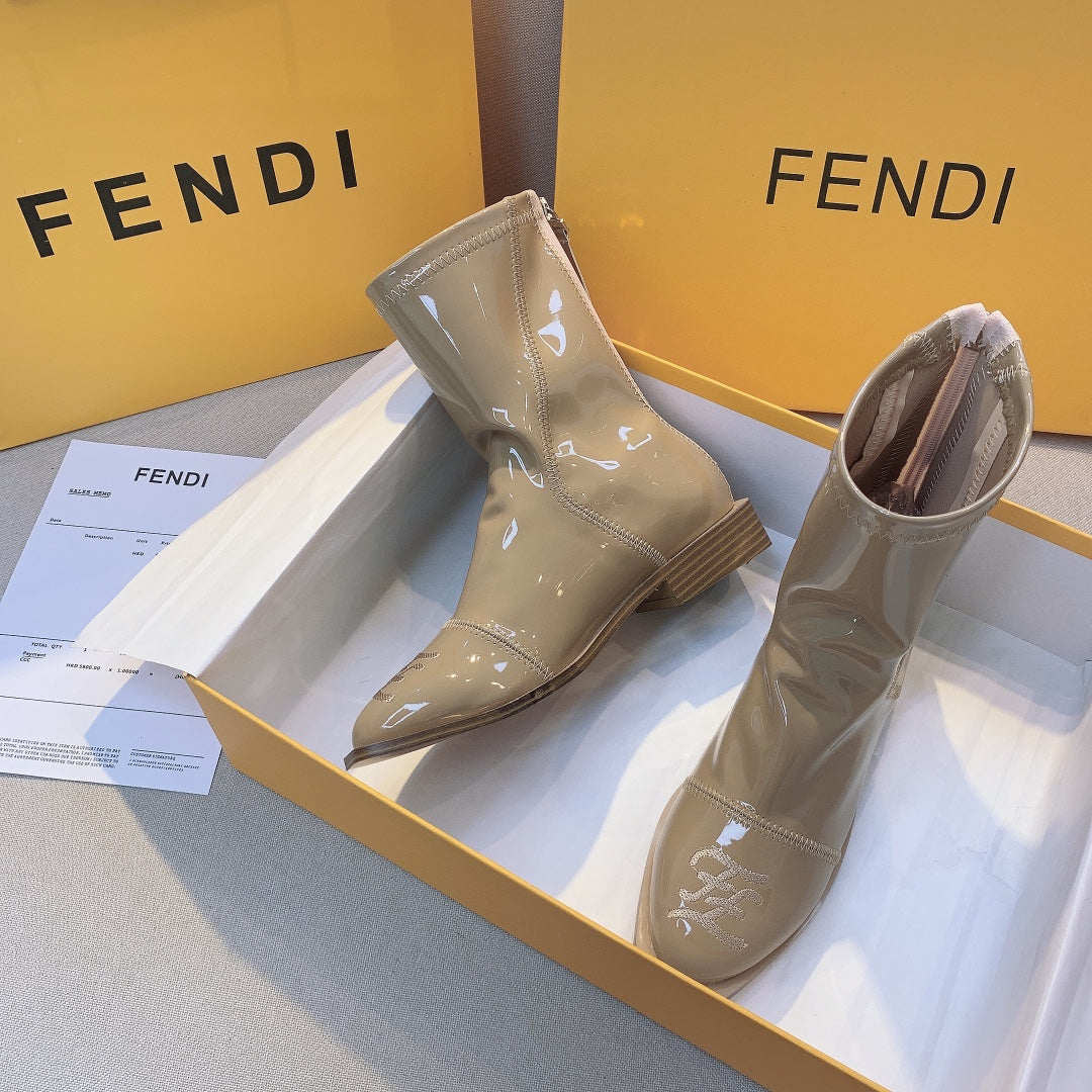 FENDI BUCKLE BOOTS SQUARE HEEL LIGHT BROWN