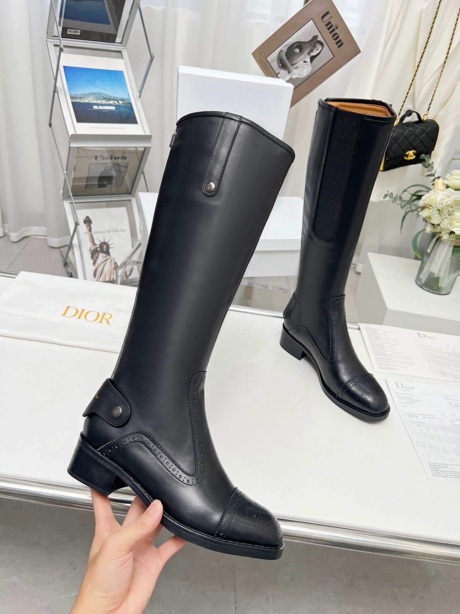 DIOR D FOLK HEELED HIGH BOOT BLACK