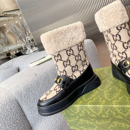 GUCCI 1955 HORSEBIT SNOW BOOTS LEATHER AND SHEARLING IN BLACK BEIGE