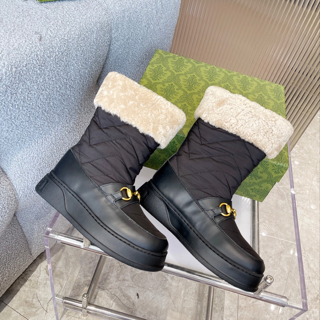 GUCCI HORSEBIT CHEVRON QUILTED BOOTS BLACK