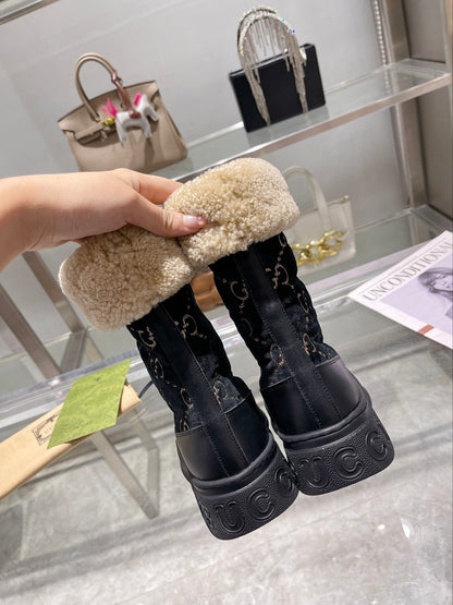 GUCCI 1955 HORSEBIT SNOW BOOTS VELVET FABRIC BLACK