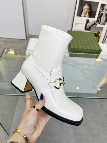 GUCCI HORSEBIT PLAQUE ANKLE BOOTS OFF WHITE