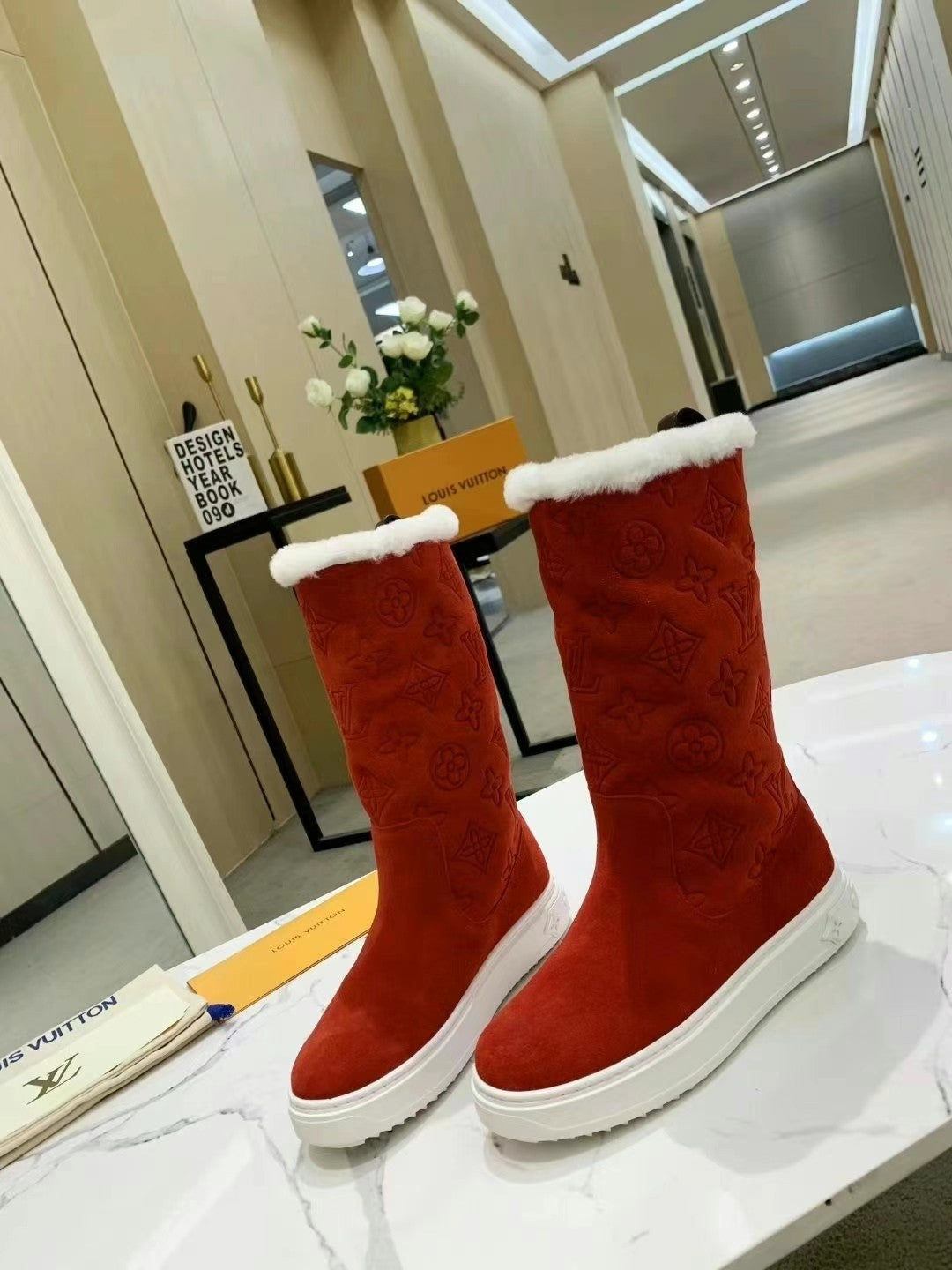 LV SUEDE MONOGRAM BOOTS RED