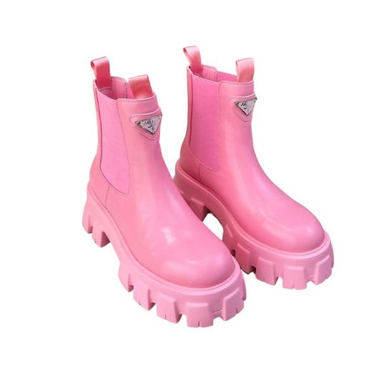 PRADA MONOLITH BRUSHED LEATHER BOOTIES PINK