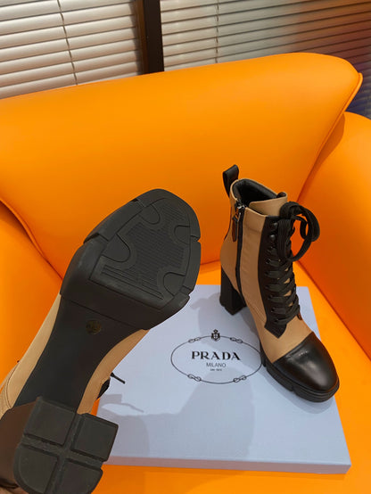 PRADA LOGO PLAQUE ANKLE BOOTS BROWN