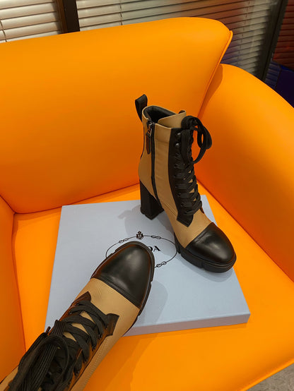 PRADA LOGO PLAQUE ANKLE BOOTS BROWN