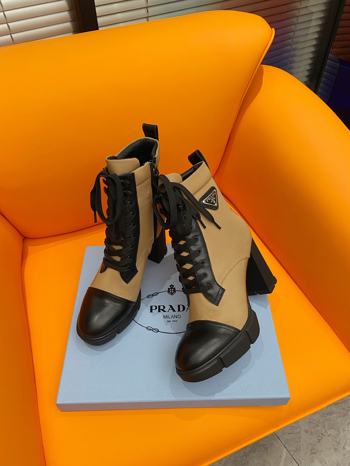 PRADA LOGO PLAQUE ANKLE BOOTS BROWN