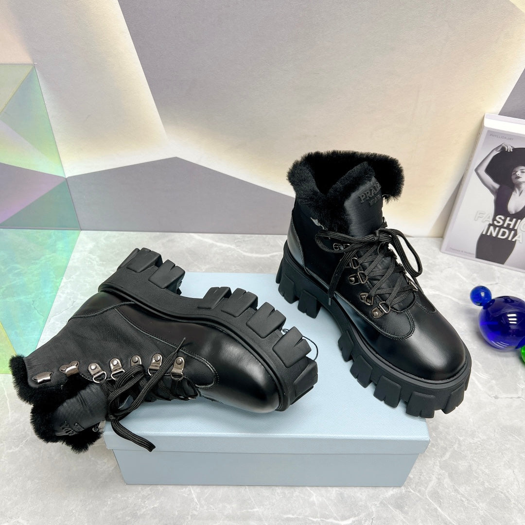 PRADA LEATHER CHUNKY ANKLE BOOTS BLACK