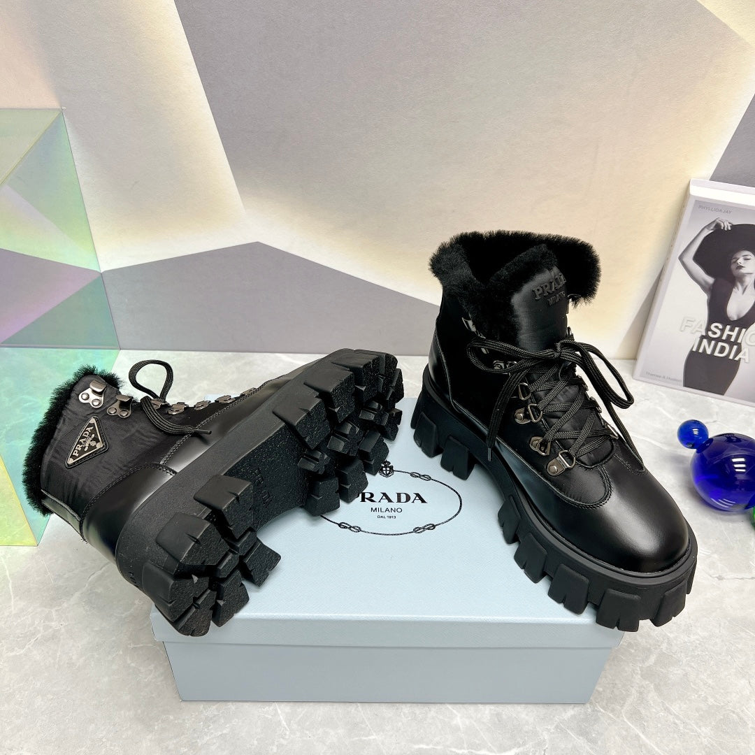 PRADA LEATHER CHUNKY ANKLE BOOTS BLACK