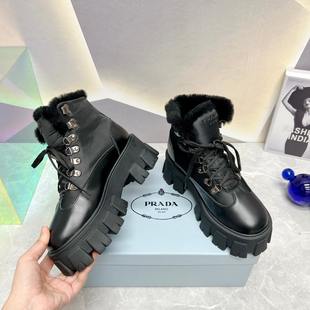 PRADA LEATHER CHUNKY ANKLE BOOTS BLACK