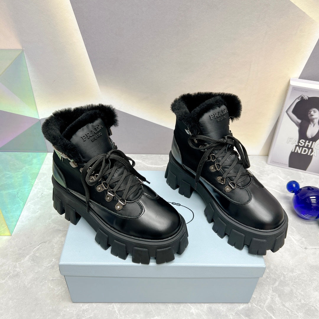 PRADA LEATHER CHUNKY ANKLE BOOTS BLACK