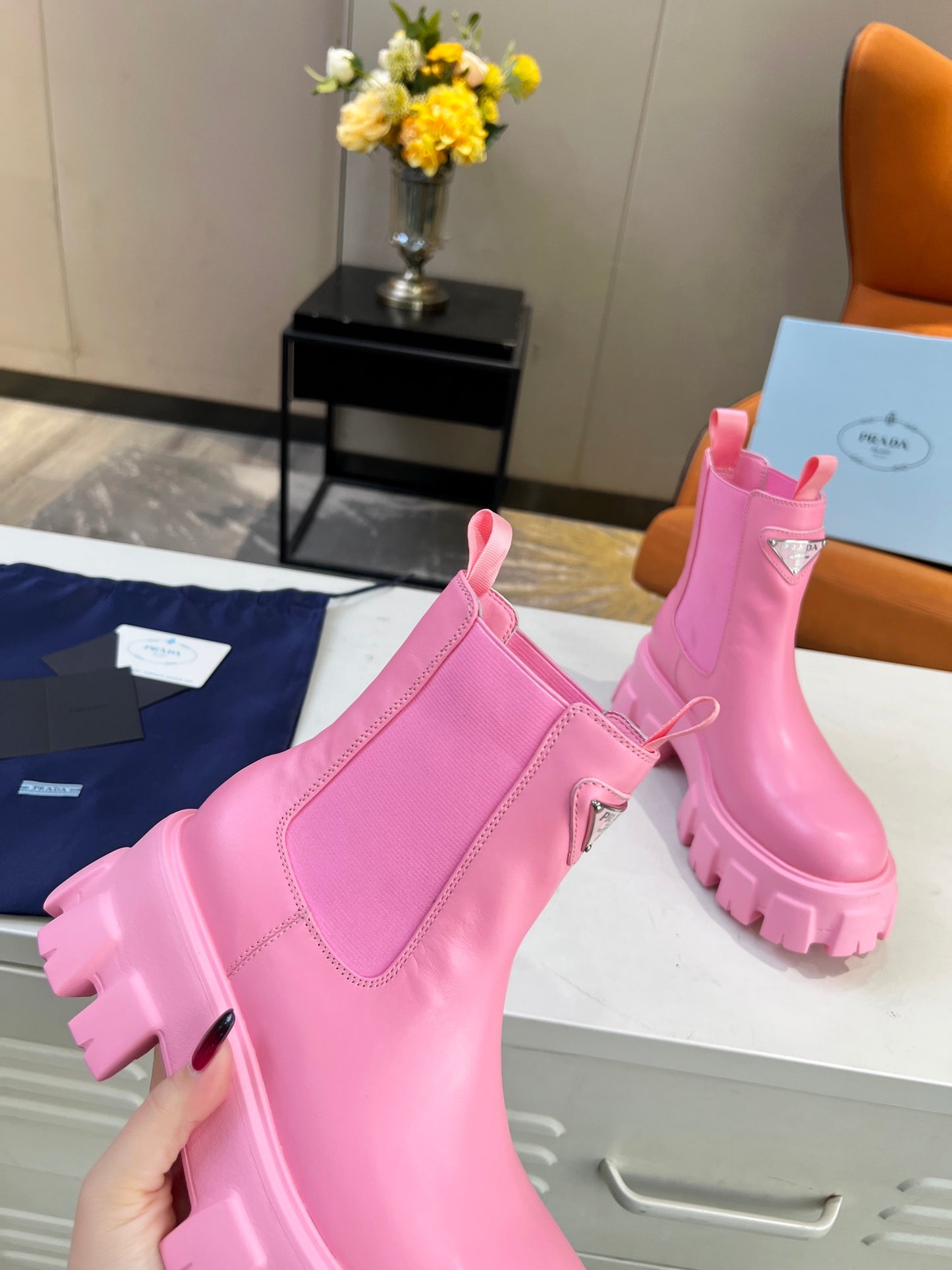 PRADA MONOLITH BRUSHED LEATHER BOOTIES PINK