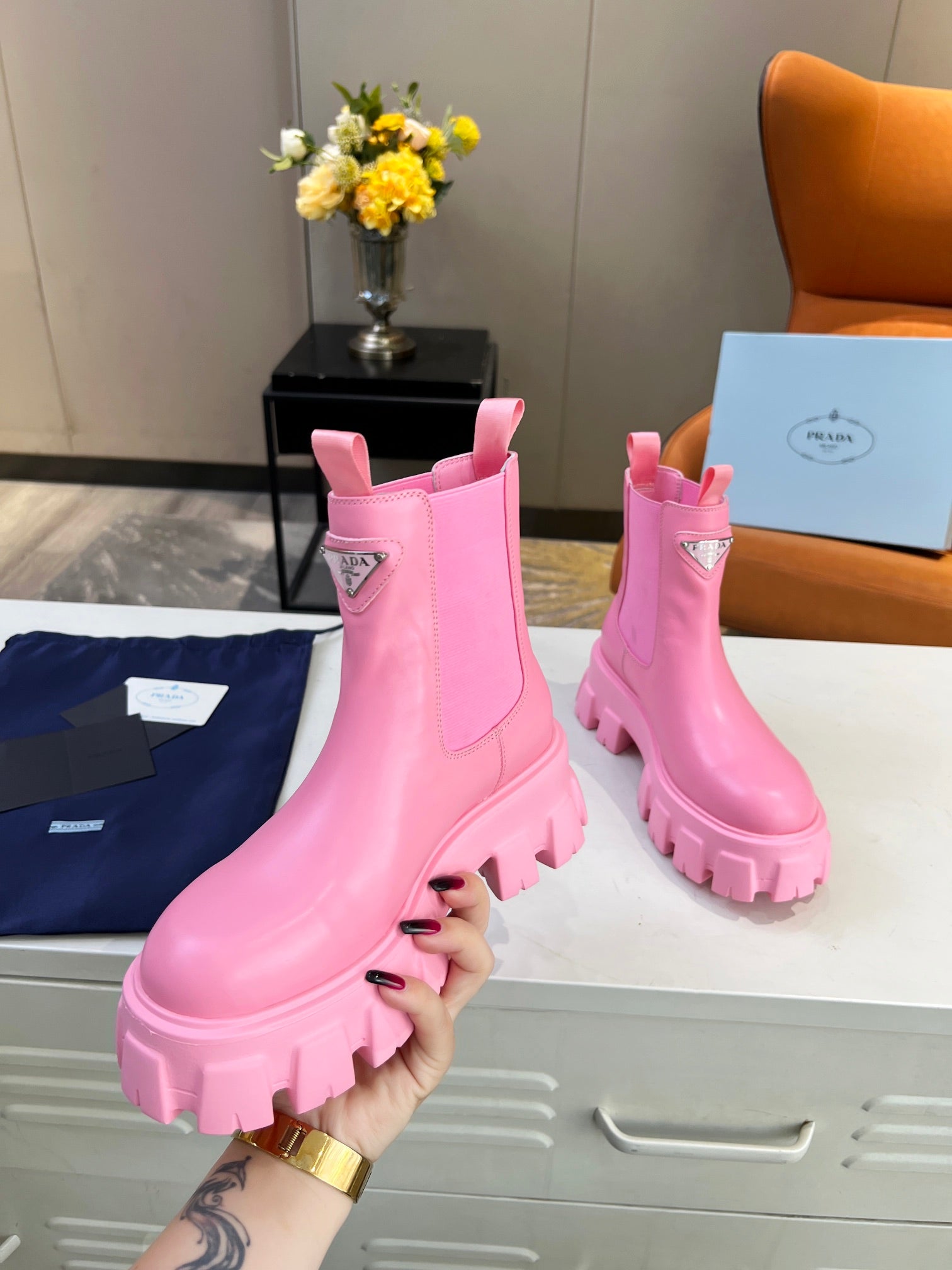 PRADA MONOLITH BRUSHED LEATHER BOOTIES PINK