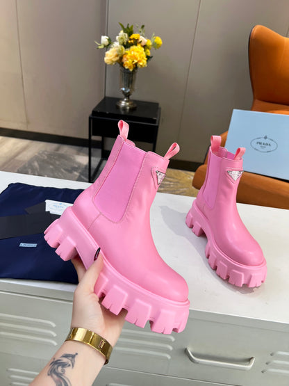 PRADA MONOLITH BRUSHED LEATHER BOOTIES PINK