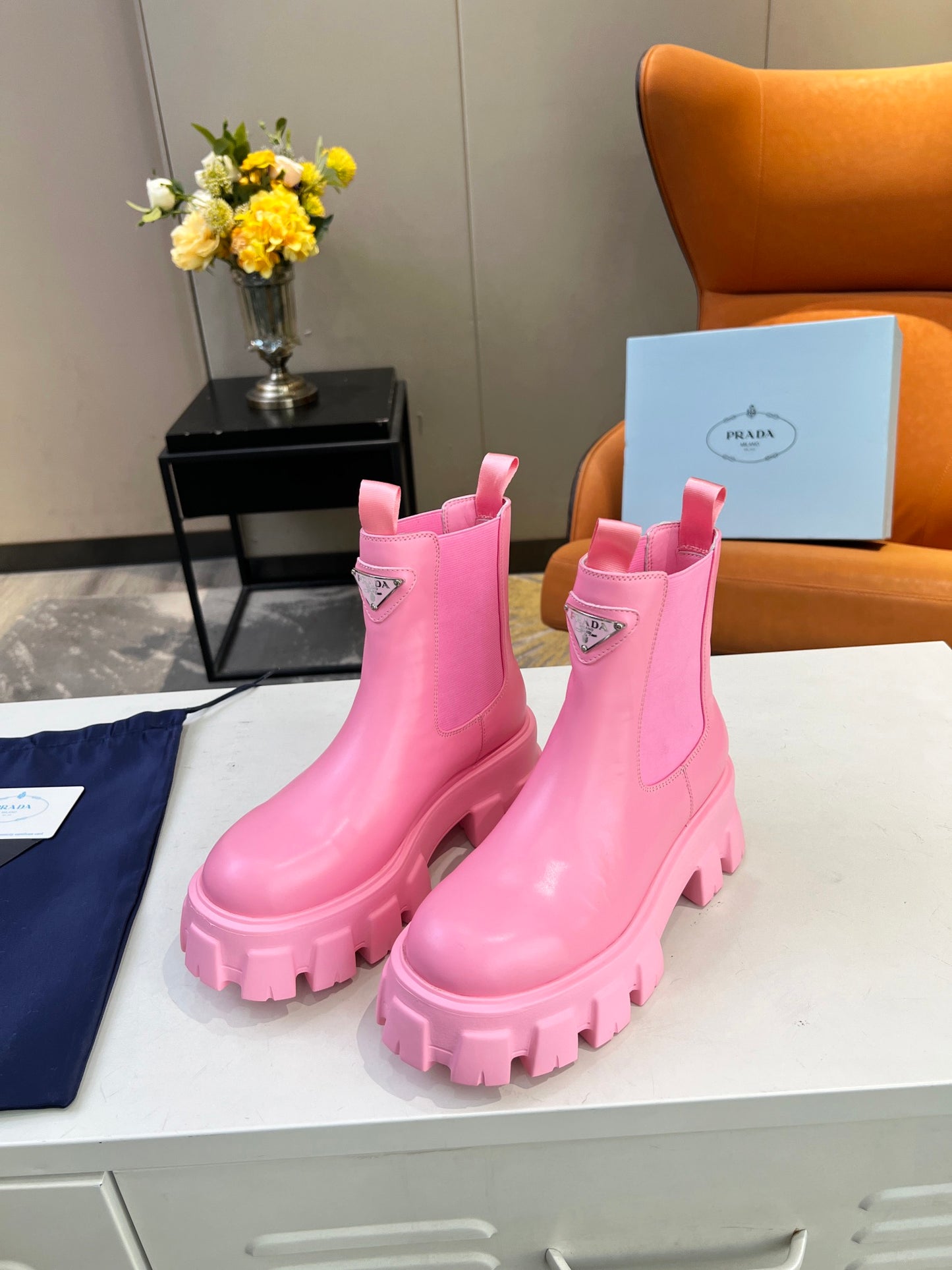 PRADA MONOLITH BRUSHED LEATHER BOOTIES PINK