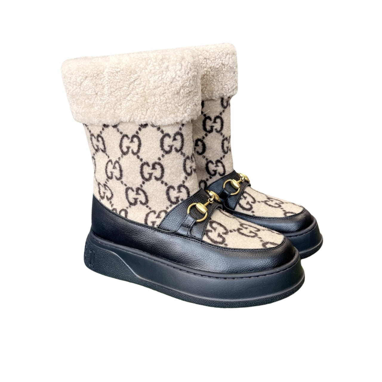 GUCCI 1955 HORSEBIT SNOW BOOTS LEATHER AND SHEARLING IN BLACK BEIGE