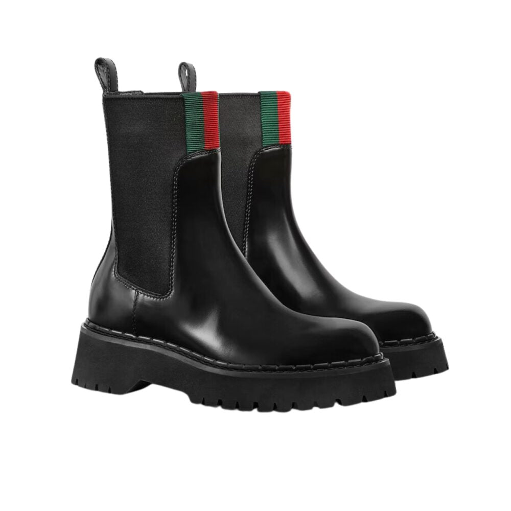 GUCCI WOMEN'S BOOT WITH WEB ANAND LEATHER BLACK ‎806398 AAD6T 1052