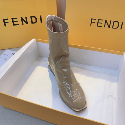 FENDI BUCKLE BOOTS SQUARE HEEL LIGHT BROWN